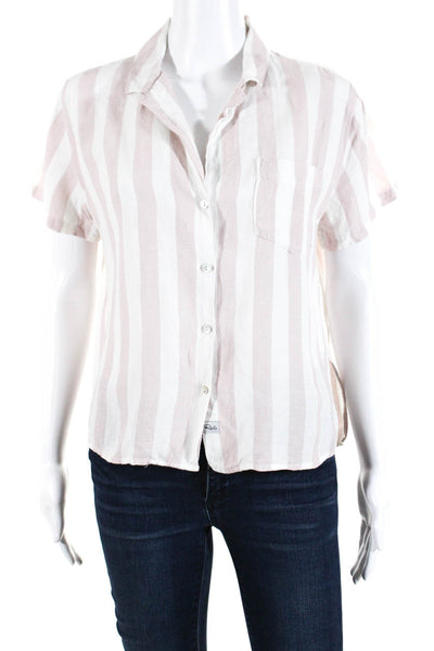 Rails Women's Linen Blend Striped Button Front Collar Blouse White Pink Size S