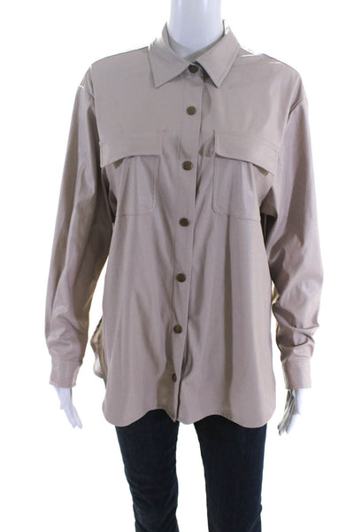 Intermix Womens Long Sleeve Faux Leather Snap Shirt Blouse Beige Size Small