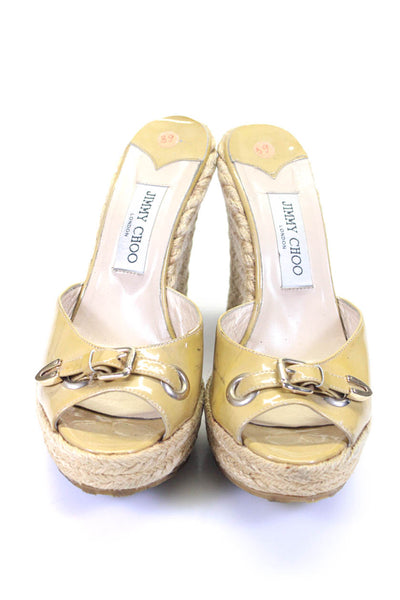 Jimmy Choo Women's Patent Leather Buckle Peep Toe Wedges Yellow Size 9