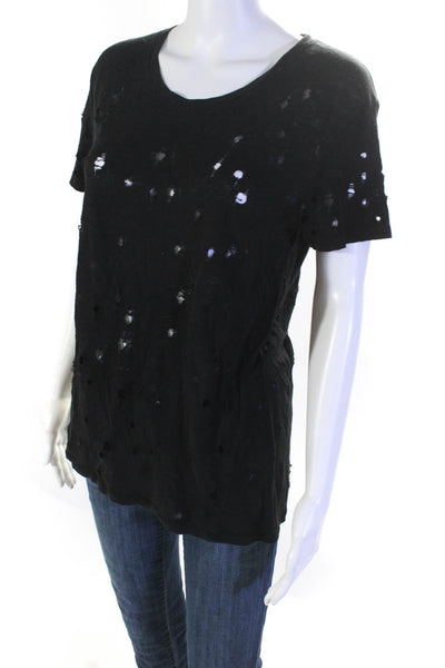 IRO Womens Linen Jersey Knit Short Sleeve Distressed T-Shirt Tee Black Size S