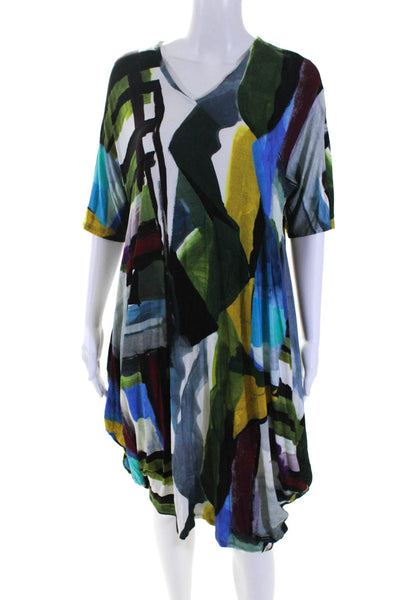 Marita Huurinainen Womens Short Sleeve Abstract Shirt Dress Multicolored Large