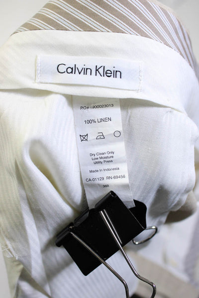 Calvin Klein Mens Linen Mid-Rise Pleated Front Straight Leg Pants Beige Size 36R