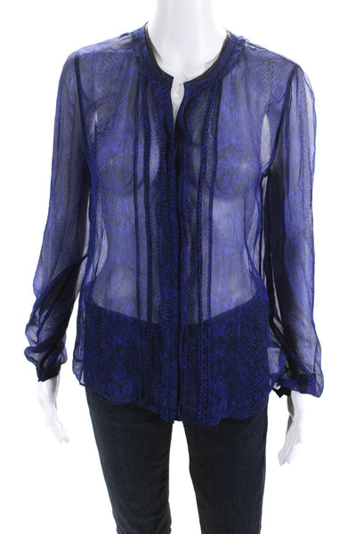 Elie Tahari Womens Snakeskin Print Pleated Long Sleeved Blouse Blue Black Size S