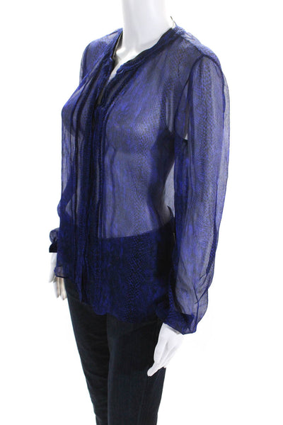 Elie Tahari Womens Snakeskin Print Pleated Long Sleeved Blouse Blue Black Size S