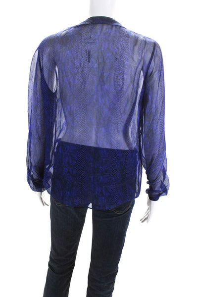 Elie Tahari Womens Snakeskin Print Pleated Long Sleeved Blouse Blue Black Size S