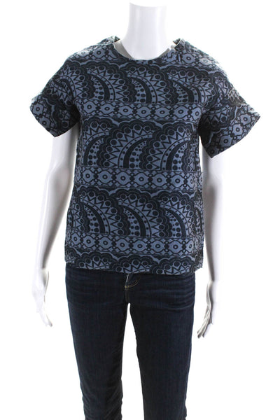 Cynthia Rowley Womens Patterned Short Sleeved Round Neck Blouse Navy Blue Size S