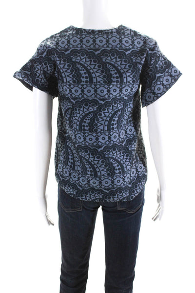 Cynthia Rowley Womens Patterned Short Sleeved Round Neck Blouse Navy Blue Size S