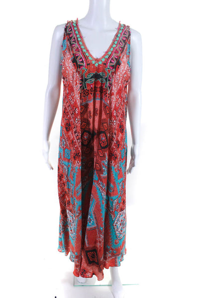 Hemant & Nandita Womens Silk Embroidered Abstract Print Tank Dress Orange Size L