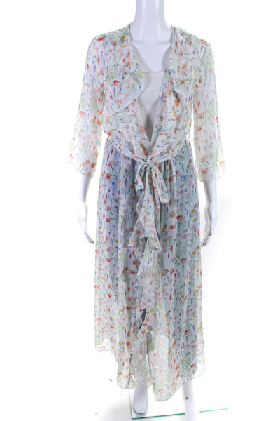 Bailey 44 Womens Floral Print Ruffle Edging Belted Longline Duster White Size S