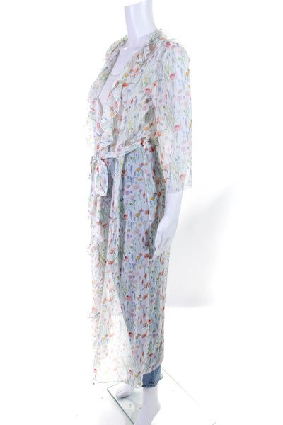 Bailey 44 Womens Floral Print Ruffle Edging Belted Longline Duster White Size S