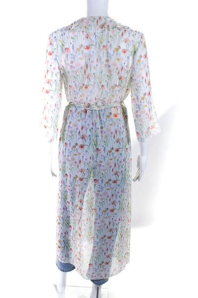 Bailey 44 Womens Floral Print Ruffle Edging Belted Longline Duster White Size S