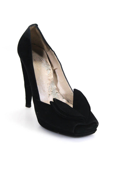 Prada Womens Suede Pleated Detail Open Toe Heels Pumps Black Size 37 6.5