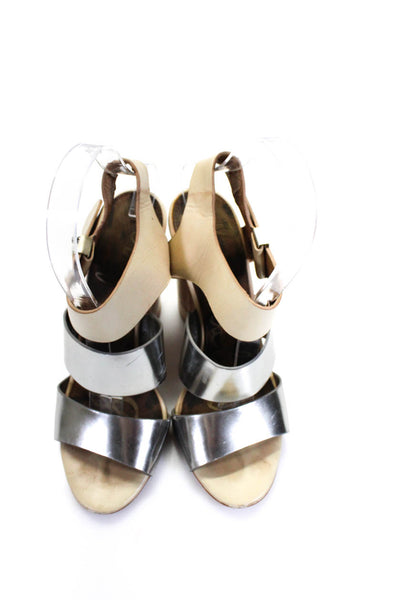 Sam Edelman Women's Leather Peep Toe Metallic Ankle Strap Heels Silver Size 7