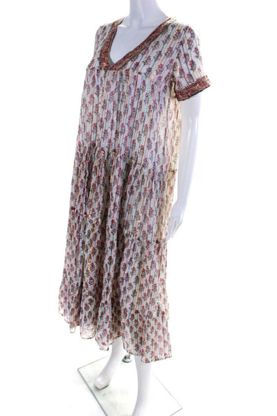 Joshi Womens Floral Metallic V-Neck Short Sleeve A-Line Maxi Dress Beige Size S