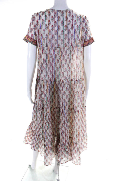 Joshi Womens Floral Metallic V-Neck Short Sleeve A-Line Maxi Dress Beige Size S