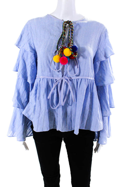 English Factory Womens Cotton Braided Pom Pom Tassel Wrapped Blouse Blue Size M
