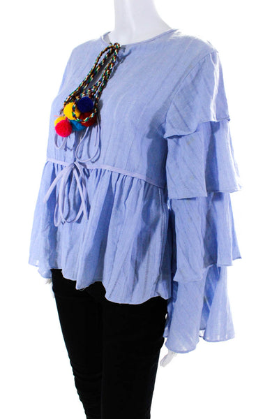 English Factory Womens Cotton Braided Pom Pom Tassel Wrapped Blouse Blue Size M