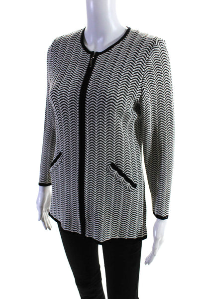 Exclusively Misook Womens Chevron Zipper Thin Knit Cardigan White Black Size XS