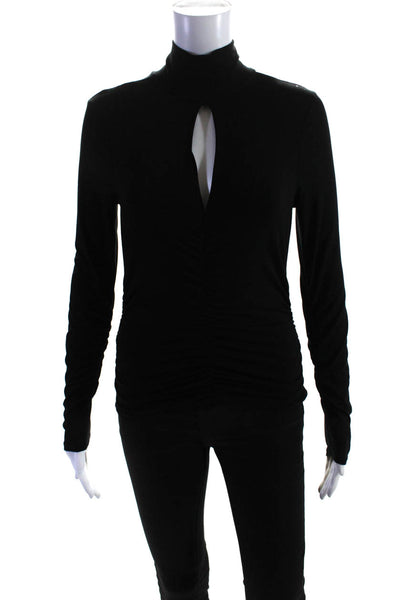 Frame Womens Long Sleeve Ruched Mocked Keyhole Shirt Black Size Small