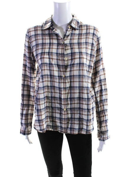 Birds of Paradis Womens Button Front Collared Plaid Shirt White Blue Size Small