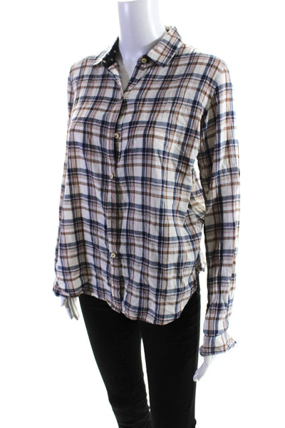 Birds of Paradis Womens Button Front Collared Plaid Shirt White Blue Size Small