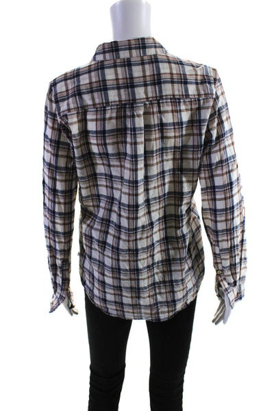 Birds of Paradis Womens Button Front Collared Plaid Shirt White Blue Size Small