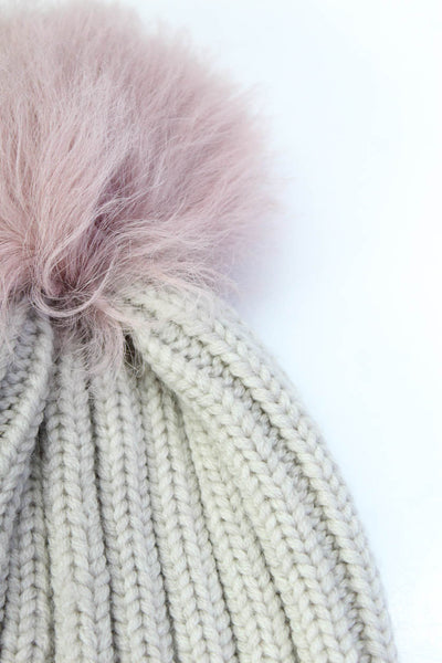 Jocelyn Womens Ribbed Knit Shearling Pom Beanie Hat Beige Pink Wool One Size