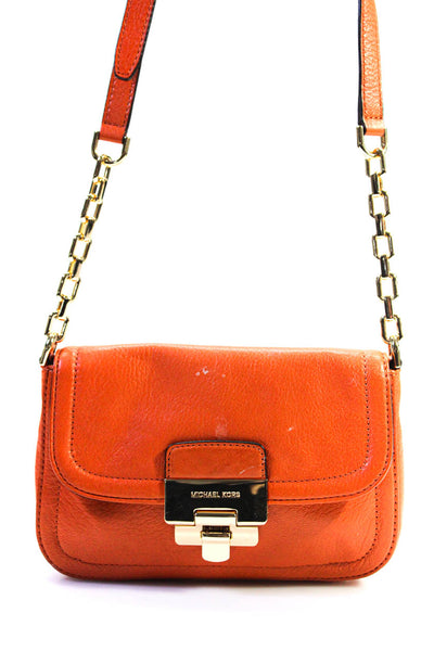 Michael Kors Womens Leather Flap Gold Tone Crossbody Shoulder Handbag Orange
