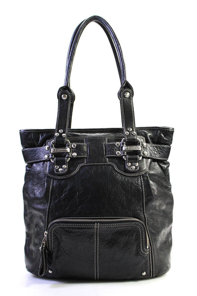 B Makowsky Womens Leather Top Zip Front Packet Shoulder Handbag Black Medium