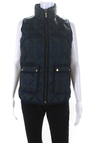 J Crew Womens Plaid Quilted Sleeveless Zippered Puffer Vest Blue Green Size XS