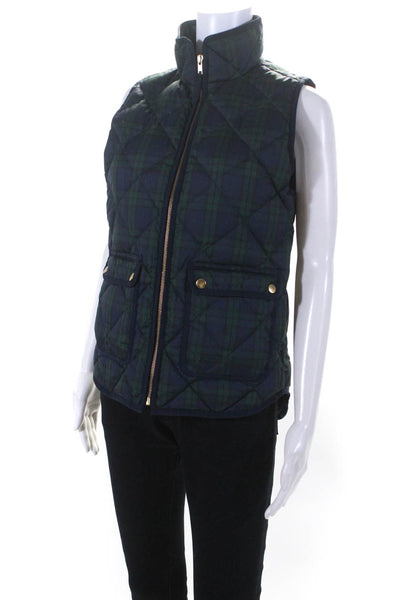 J Crew Womens Plaid Quilted Sleeveless Zippered Puffer Vest Blue Green Size XS