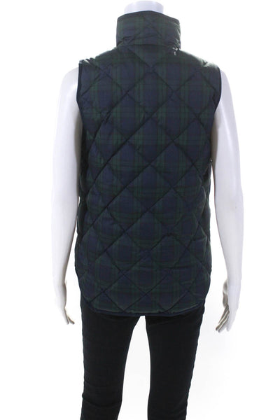 J Crew Womens Plaid Quilted Sleeveless Zippered Puffer Vest Blue Green Size XS