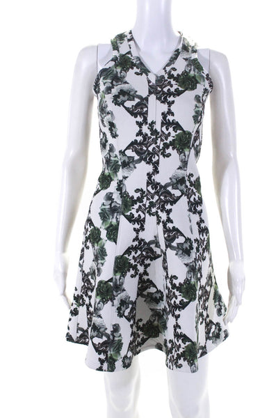 Faith Connexion Womens Floral Print V-Neck Fit & Flare Dress White Green Size S