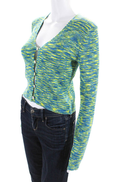 NIA Womens Variegated Knit V Neck Button Up Cardigan Sweater Blue Green Medium