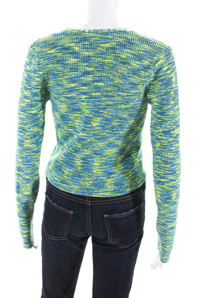 NIA Womens Variegated Knit V Neck Button Up Cardigan Sweater Blue Green Medium