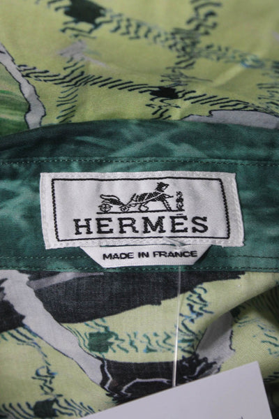 Hermes Mens Button Front Check Smokey Stirrup Print Shirt Green Gray Size 16.5