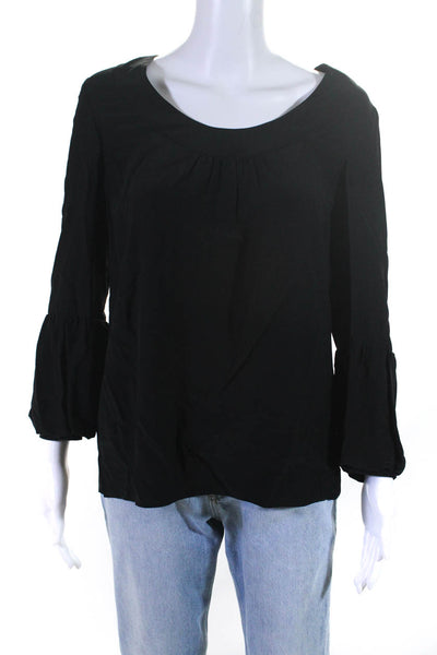 Tibi Womens Silk Georgette Bubble Long Sleeve Round Neck Blouse Top Black Size 4