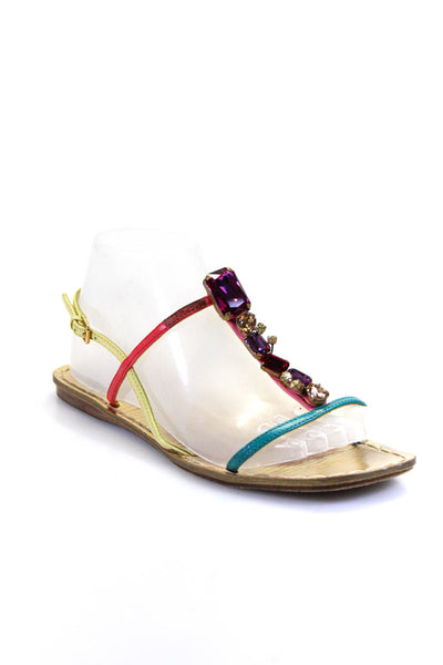 Miu Miu Women's Leather Open Toe Strappy Rhinestone Sandals Gold Size 7.5