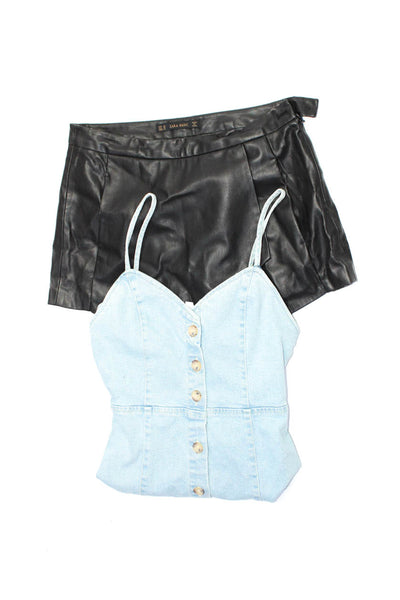 Zara Womens Faux Leather Shorts Mini Denim Jeans Black Blue Size XS Lot 2