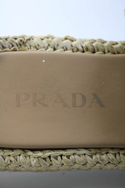 Prada Womens Straw Woven Leather Platform Flat Slides Sandals Tan Brown Size 8