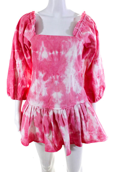 Love Shack Fancy Womens Tie Dye Denim Puff Sleeve A-Line Mini Dress Pink Size 2