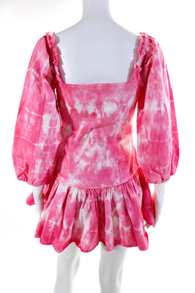 Love Shack Fancy Womens Tie Dye Denim Puff Sleeve A-Line Mini Dress Pink Size 2