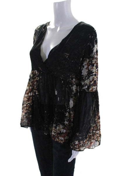 Intermix Womens Silk Semi-Sheer V-Neck Bell Long Sleeve Blouse Top Black Size S