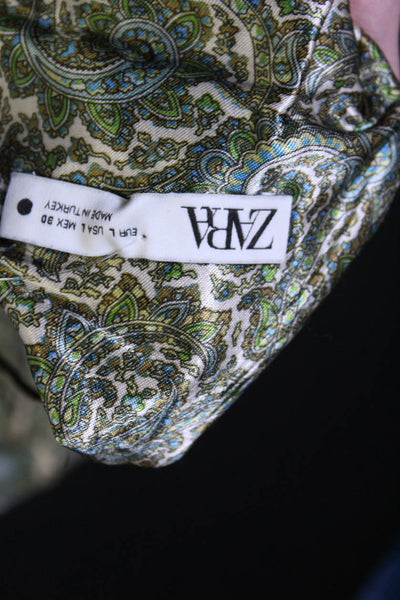 Zara Womens Satin Paisley V-Neck Sleeveless A-Line Mini Dress Green Size L