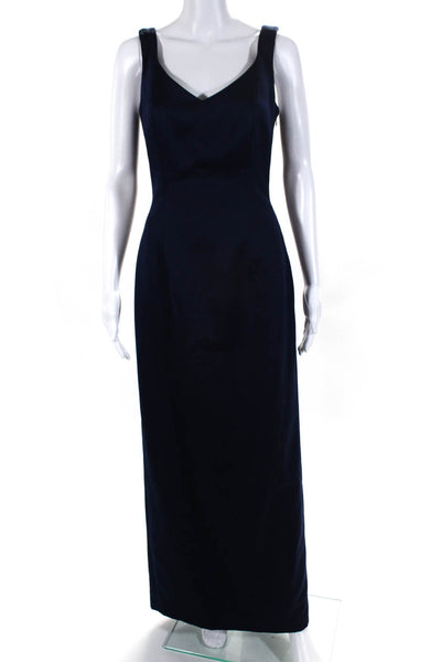 Victor Costa Womens Satin V-Neck Strappy Back Fitted Gown Dress Navy Blue Size 4