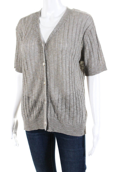 Little Lies Womens Ribbed Short Sleeve V Neck Button Up Cardigan Taupe Size S/M