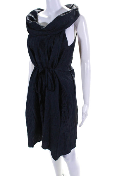 Sinder Womens Pleated Textured Collared A-Line Pullover Midi Dress Navy Size S