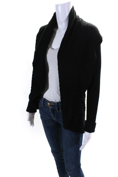 Autumn Cashmere Womens Cotton Ribbed Knit Draped Cardigan Sweater Black Size XS