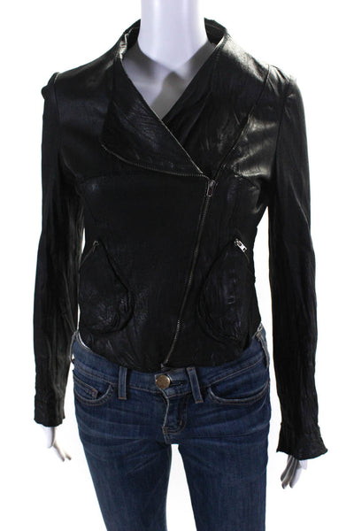 Illia Womens Leather Draped Front Zip Up Jacket Coat Black Size 2