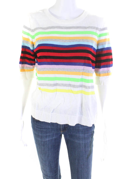 Milly Womens Crew Neck Striped Half Sleeved Thin Knit Blouse White Red Size L